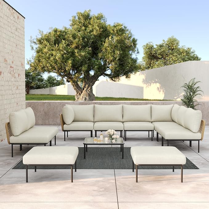 LayinSun 11 Pieces Aluminum Patio Furniture Set, Modern Modular Sectional Sofa with Coffee Table and Upgrade Thickness Cushion
