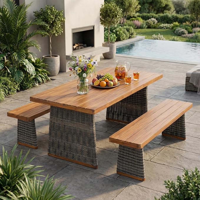 Merax 3-Piece Outdoor Dining Set Acacia Wood, 1 Table + 2 Benches, Slatted Design Tabletop & Woven Rattan Legs, Weather-Resistant Rectangle Patio Dining Set, Grey