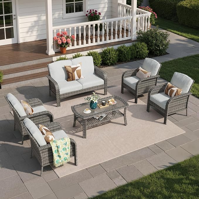 6 Pieces Patio Furniture Set, All-Weather Rattan Wicker Outdoor Furniture Loveseat Chairs with Coffee Table, High Back Conversation Set for Porch, Backyard, Balcony,Grey