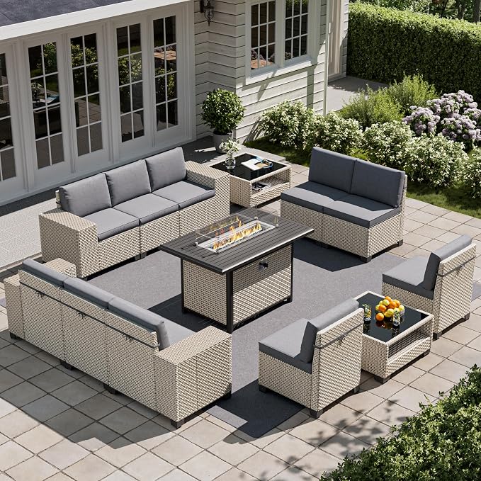 13-Piece Outdoor Patio Furniture Set with Fire Pit, Modular Sectional Sofa Set with Glass Coffee Table and Cushions, Wicker Outdoor Couch Conversation Sets, Gray