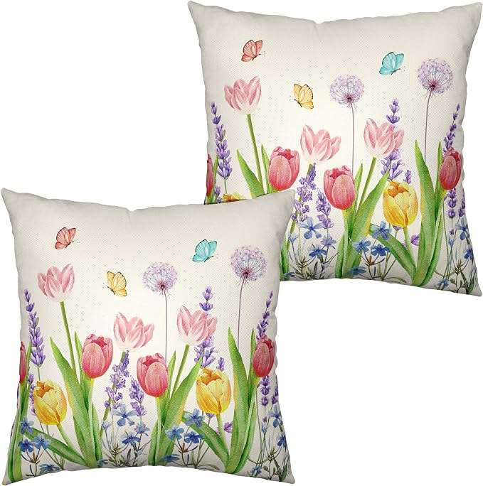Summer Floral Throw Pillows Cover 18x18 Set of 2 Pink Tulip Flower Pillow Covers Lavender Dandelion Butterfly Decorative Pillow Case for Farmhouse Patio Sofa Couch