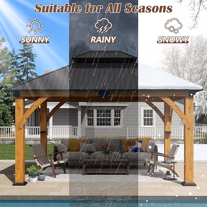 11' x 13' Upgraded Wood Gazebo, Spruce Wood Hardtop Gazebo with Double Galvanized Steel Roof, Outdoor Wooden Pavilion for Deck, Backyard