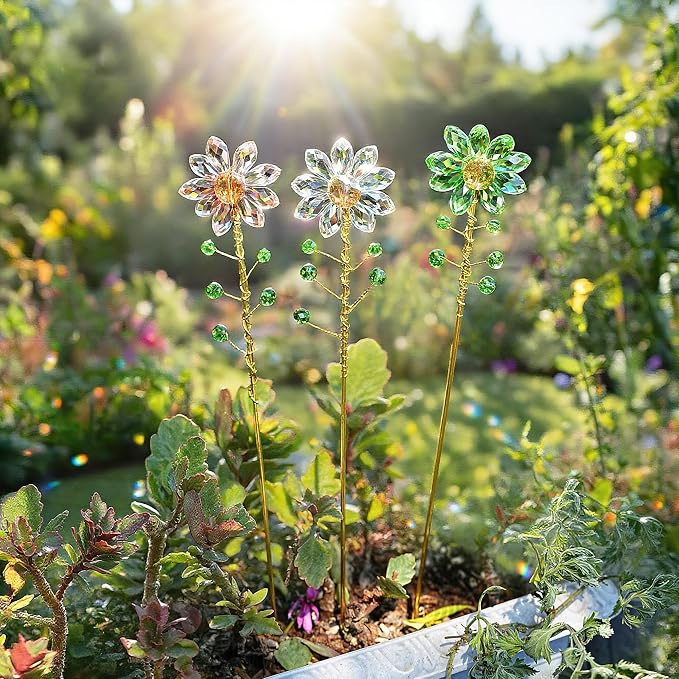 3Pcs Crystal Sunflower Suncatchers with 13'' Gold Trellis Metal Plant Stake | Glass Plant Suncatcher Garden Stakes for Indoor Outdoor Garden Potted Plants Decorations Plant Lover Gift(Clear, Green, Pink)
