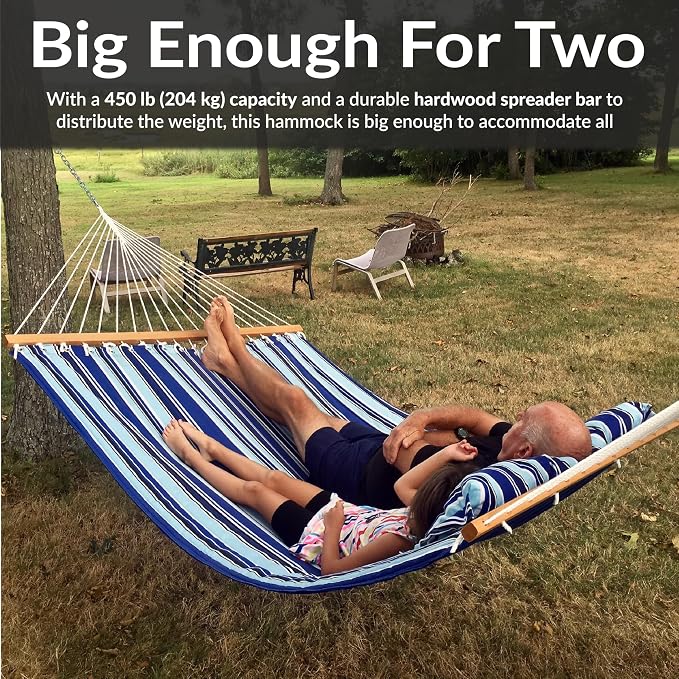 Sunnydaze Quilted Double Hammock for Outside with Spreader Bars and Pillow - 450 lb Capacity, 74x55 Inch Bed, UV Resistant, Quick Dry - Chains Included, Stand Sold Separately - Catalina Beach