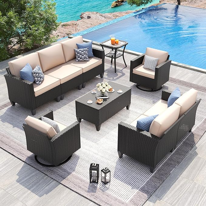 UDPATIO Patio Furniture Set, 6 Pieces Outdoor Furniture Sets with Rocking Swivel Chairs, Wicker Rattan Outdoor Conversation Set with Storage Table and Waterproof Covers for Backyard, Deck, Porch, Khak