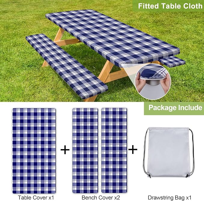 Play Tailor Picnic Table Cover with Bench Covers Camping Essentials Waterproof Windproof Camping Tablecloth with Drawstring Bag, Fitted Rectangle Tables and Seats, 96in, Blue Checkered