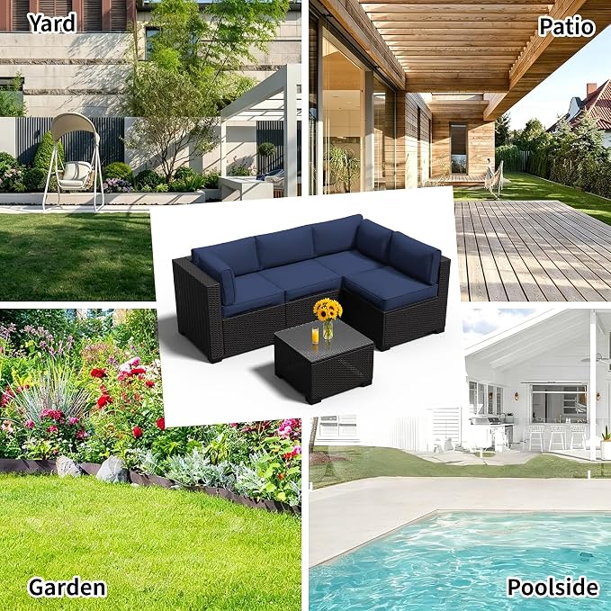 Patio Conversation Sets (Black Brown Rattan & Navy Blue Cushions, 5 Pieces)