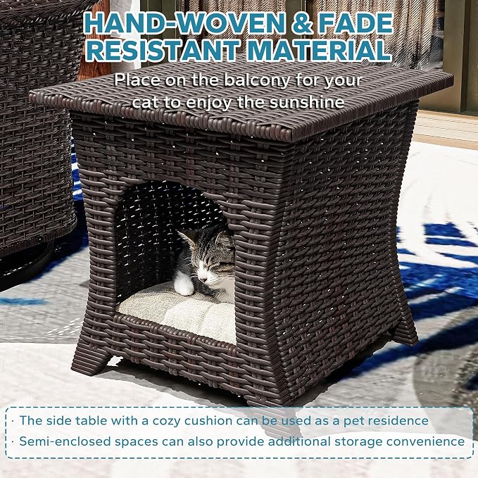 7 Pieces Patio Conversation Set, 78" Wicker 3-Seat Couch with Washable Cushions, 2 Glider Swivel Rocker Chairs, 2 Armchairs, Coffee Table, Rattan Cat Bed End Table, Sofa for Lawn (Beige)