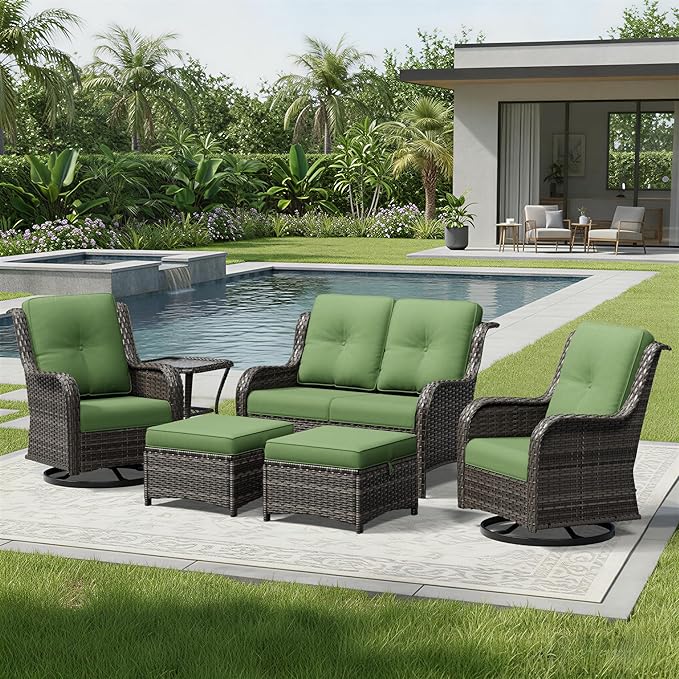 Joyside 6 Piece Wicker Patio Furniture Set, Outdoor Swivel Rocker Patio Chairs with High Back, Deep Seating, Wide Armrest, Thickened Cushions, Outdoor Furniture for Deck, Porch Use