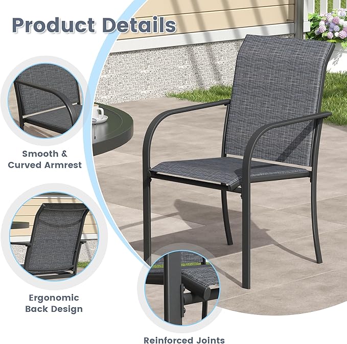 VICLLAX 7 Pieces Patio Outdoor Dining Set, 50" Round Metal Table with Umbrella Hole and 6 Stackable Textilene Chairs for Lawn, Garden, Porch, Black/Grey
