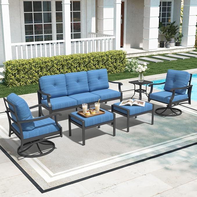6 Piece Aluminum Patio Conversation Set, Outdoor Metal Furniture Set w/Rocking Swivel Chairs, 3-Seat Sofa, Ottomans and Coffee Table, 5" Thickened Cushions for Backyard, Poolside, Blue