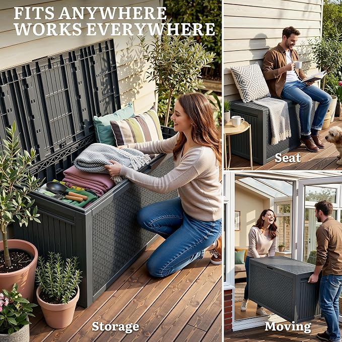 YITAHOME 95 Gallon Outdoor Storage Deck Box, Waterproof Resin Deck Box w/Handles, Lockable Outdside Deck Box for Patio Furniture, Garden Tools, Lockable & UV Resistant(Dark Gray)