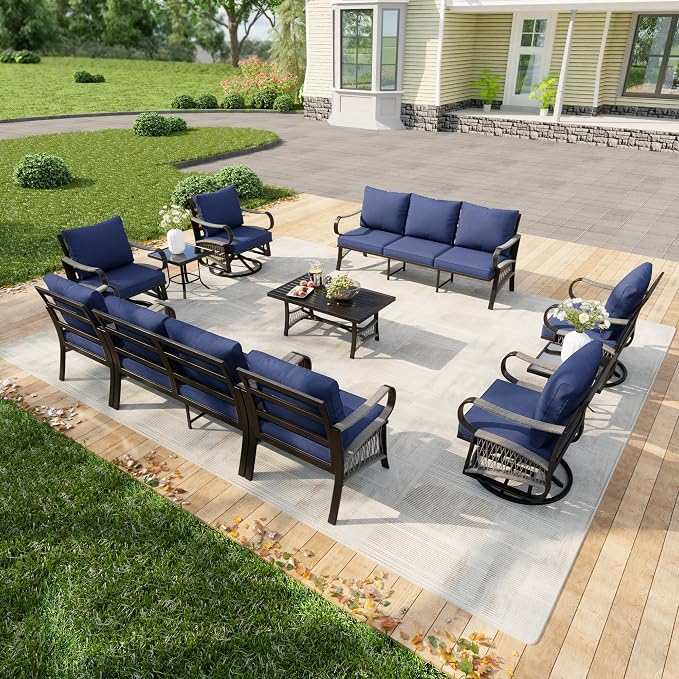 11-Piece Modern Patio Furniture Set, All Weather Metal Outdoor Conversation Sets with 5.1" Extra Thick Cushion for Backyard Garden Deck Porch Poolside, Blue