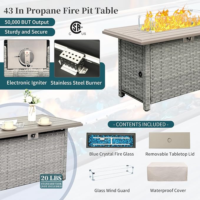 WAROOM Patio Furniture Set 6 Piece PE Rattan Outdoor Conversation Sets Grey Wicker Couch Sectional Sofa with Fire Pit Table and Peacock Blue Cushion