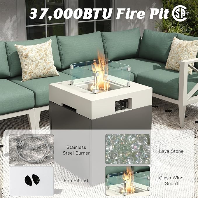 Aluminum Outdoor Patio Furniture Set with Fire Pit, 7-Piece Outdoor Sectional with 5.2" Thick Cushions,Patio Conversation Sets for Backyard,(White,6 Seats)