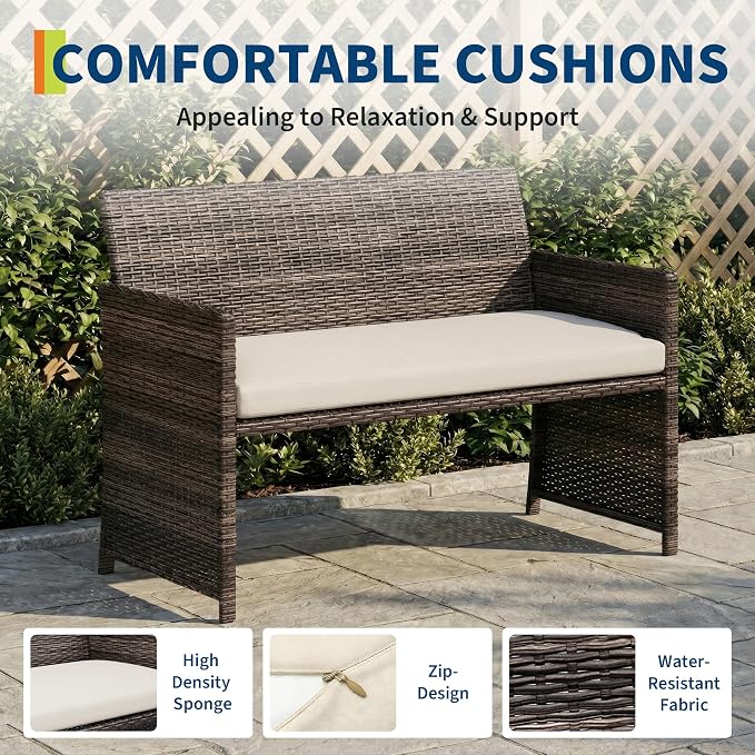 IDEALHOUSE 4 Piece Outdoor Wicker Patio Furniture Set, with Coffee Table & Seat Cushions for Backyard, Porch Seating