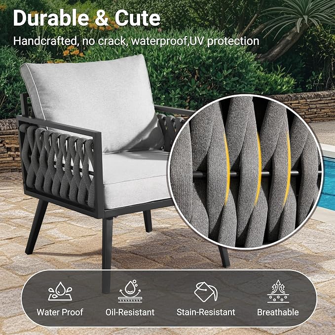 Weaxty Modern Patio Furniture Set 6 Piece, Rope Outdoor Patio Conversation Sets Sectional Sofa Swivel Chairs Table Ottoman, All Weather Metal Balcony Furniture for Backyard Garden, Grey
