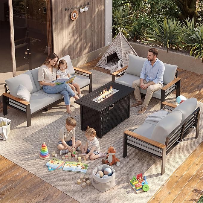 Aoxun Patio Furniture Set, Aluminum Patio Set with Fire Pit Table and 5" Thicken & Washable Cushion, Waterproof Outdoor Furniture, Outdoor Couch Sectional for Backyard (LS-7 Seats/F, Grey)