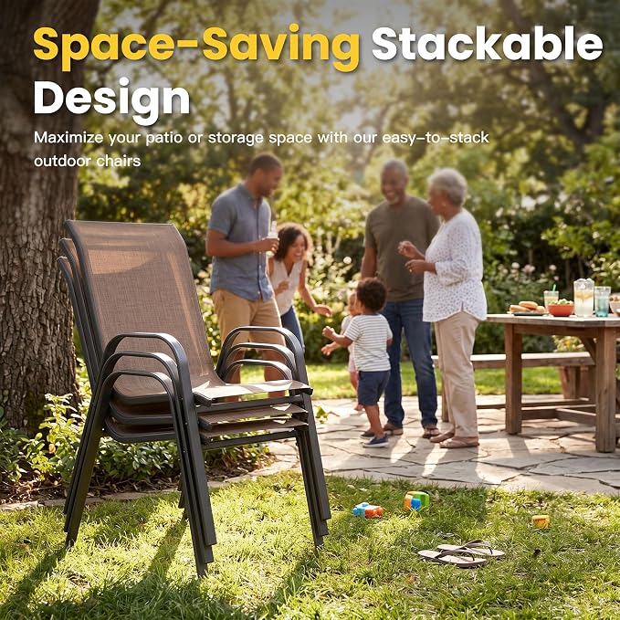 VICLLAX Patio Dining Set for 4, All Weather 5-Piece Patio Set-37.8" Square Outdoor Table and 4 Stackable Chairs for Lawn Garden and Backyard,Walnut Tabletop