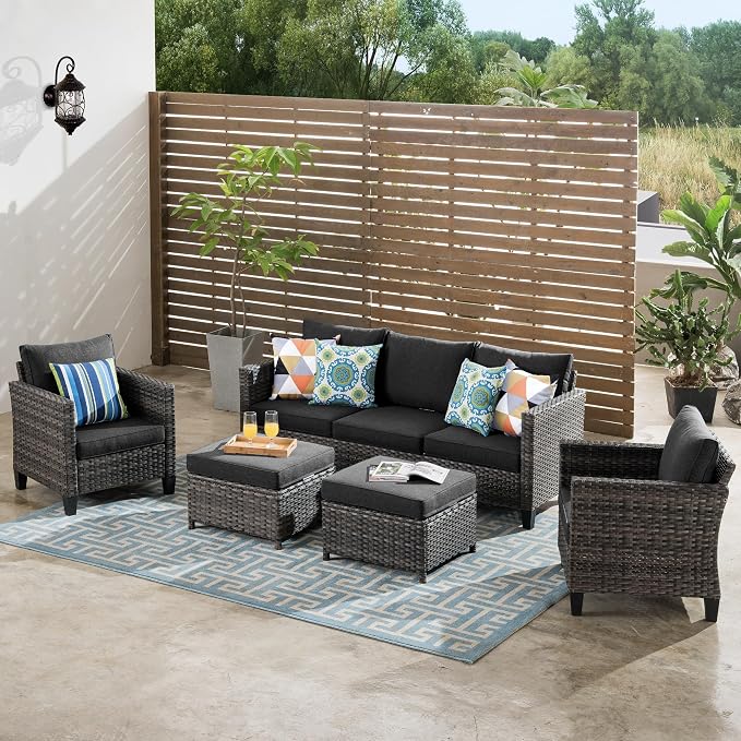 ovios 5 Pieces Patio Furniture Set, Outdoor Wicker Sofa Couch with Chairs Comfy Cushions, All Weather Grey Rattan Conversation Set for Backyard Deck Porch, Black