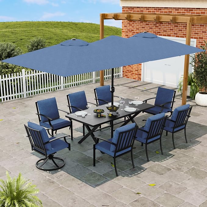 10 PCS Outdoor Patio Dining Set with 13.6ft Double-Sided Patio Umbrella,Patio Table and Chairs Metal Outdoor Patio Furniture Set,Dining Table Set with Swivel Chairs,Navy Blue