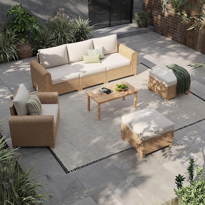 SUNSITT 7-Piece Patio Furniture Set, Outdoor Wicker Modular Sectional with Acacia Wood Accents, 5.9" Wide Armrests, Ottomans & Coffee Table for Backyard Porch