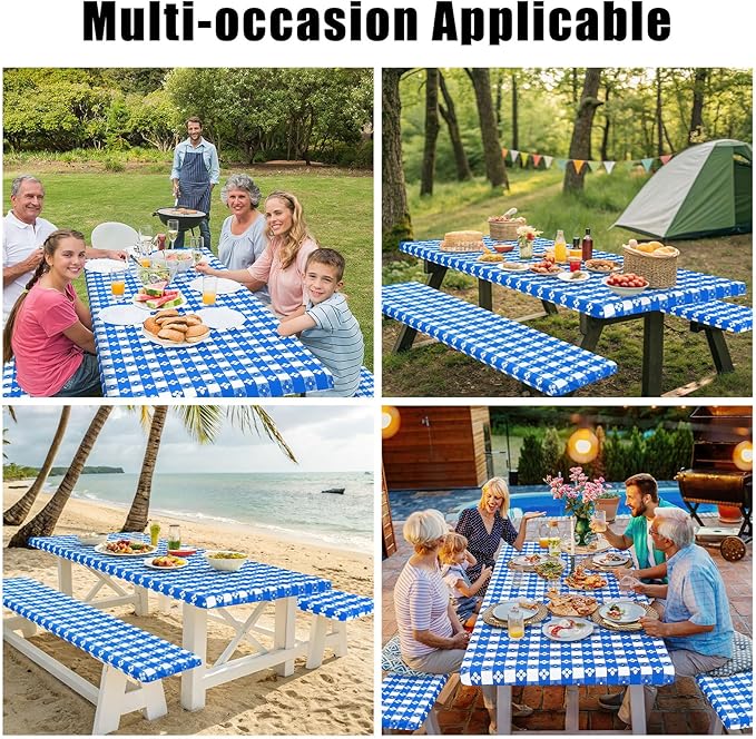 Smiry Picnic Table Cover with Bench Covers, Waterproof Elastic Fitted Tablecloth for 6 Foot Tables, Washable Polyester Tablecloths for Camping, Indoor & Outdoor (Blue & White, 30x72 Inch 3-pc Set)