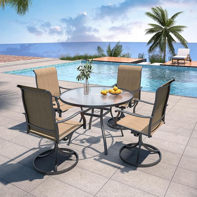 Patio Table and Swivel Chairs Set with Glass Table, BrownYellow Chairs Sty1 | 4 Piece Swivel Chairs: High Back, Retro Armrest, Textilene Fabric, Rocking; 40 inch Round Table: Glass Top; All Weather