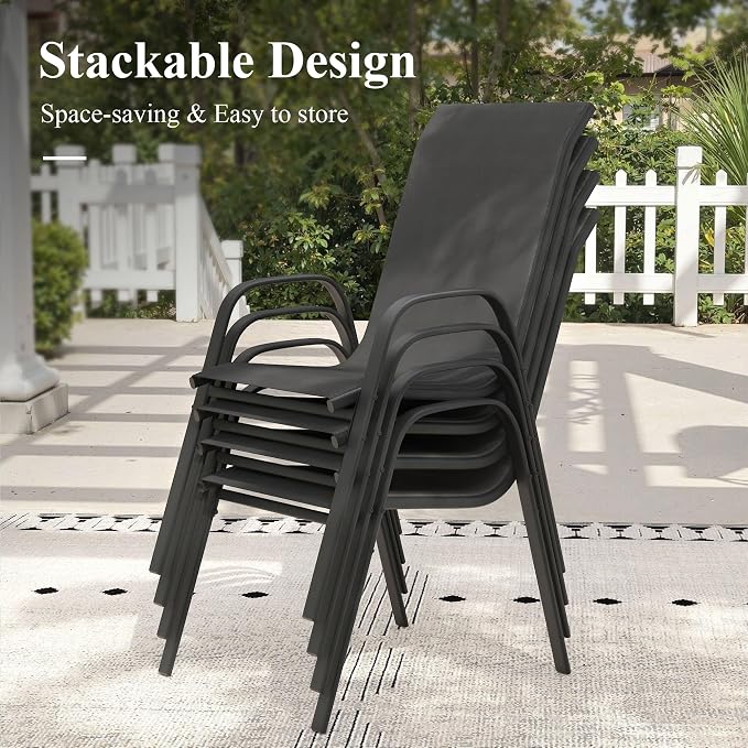 5 Pieces Outdoor Dining Set, 40.2" Square Table with Umbrella Hole & Stackable Patio Dining Chairs, Patio Table and Chairs Set for Deck Garden Porch, Black Chairs & Black Table