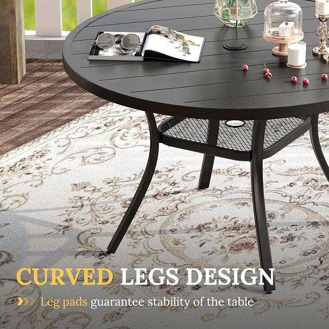 VICLLAX Patio Dining Set for 4, 5 Pieces Outdoor Furniture Includes 40.6" Round Patio Table with Umbrella Hole and 4 Outdoor Swivel Chairs for Lawn Garden, Black Tabletop and Blue Fabric
