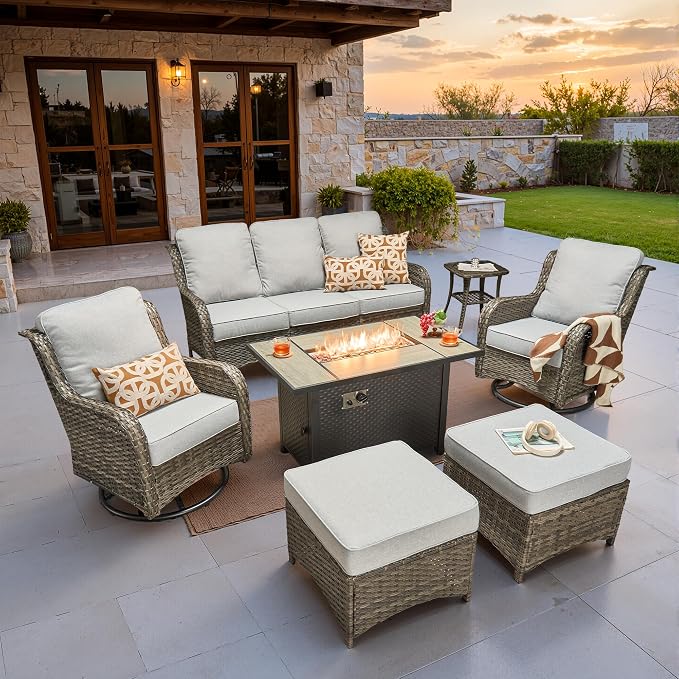 ovios 7-Piece Patio Furniture Set with Swivel Chairs Side Table, Outdoor Wicker Sofa with 42" Fire Pit Table, High Back Couch Modern Conversation Sets, Grey/Grey