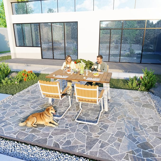 Outdoor Dining Set for 4, Patio Table and Chairs Set with Umbrella Hole, 5 Pieces All-Weather HDPE Outdoor Furniture Sets for Backyard Poolside Lawn Garden (White & Teak)