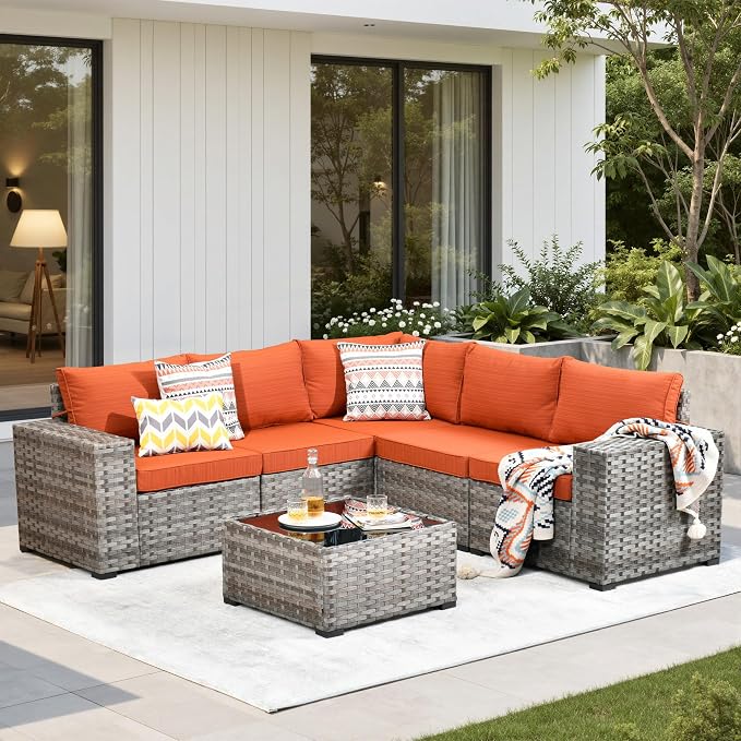 6 Pieces Patio Furniture Set, Wicker Outdoor Sectional Sofa with Coffee Table Comfy Cushions, Modern Modular Deep Seat Rattan Couch Conversation Set for Backyard Porch Yard,Orange