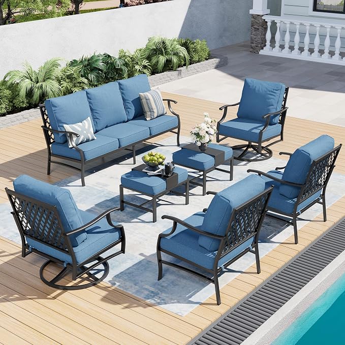 SUNSHINE VALLEY 7 Piece Metal Outdoor Patio Furniture Set, Patio Conversation Sets 1 3-seater Sofa, 2 Fixed Chairs, 2 Swivel Chairs, 2 Ottomans with 5.75" Thick Cushion, Black Backyard Furniture, Navy