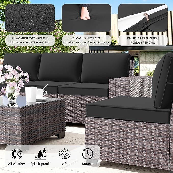 6 PCS Outdoor Patio Furniture Set,Outdoor Sectional Furniture All Weather PE Rattan Wicker Patio Conversation Set with Coffee Table and 5 Thickened Cushions,Black