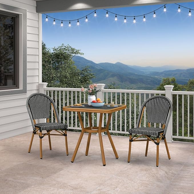 PURPLE LEAF 3-Piece French Bistro Dining Set Square Outdoor Patio Table and 2 Armless Chairs Tempered Glass Top PE Rattan Bamboo Print Finish Aluminum Frame Black