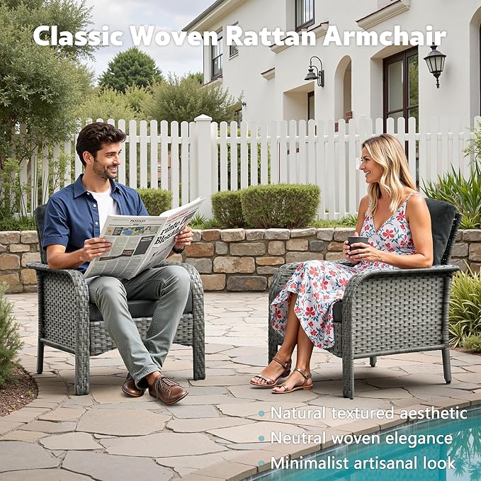 CAODOC 2 Pack Wicker Patio Furniture Chairs,Outdoor Rattan Chairs with Armrest Support 250 lb