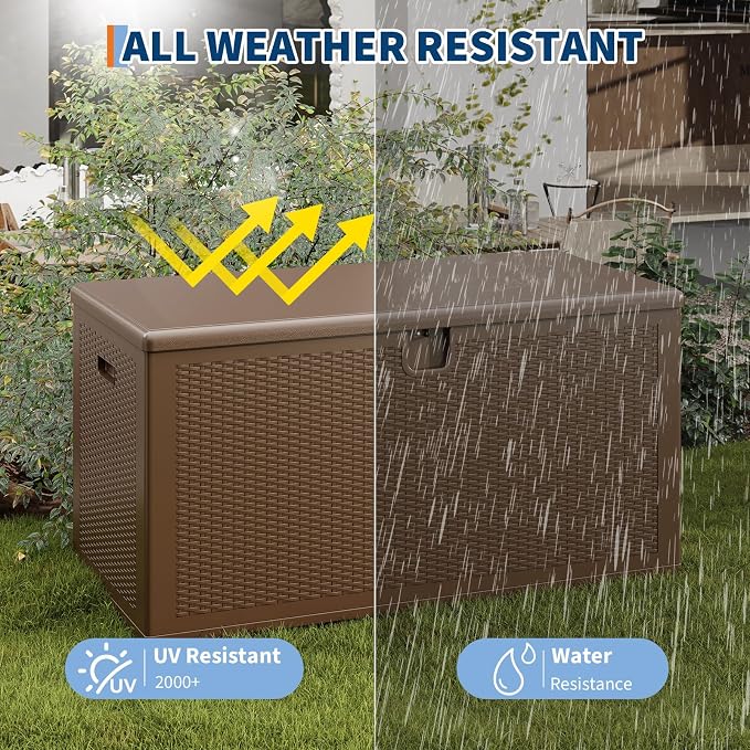 Garvee 150 gal Large Resin Deck Box, Waterproof & Weatherproof Outdoor Storage Box, Lockable Pool Storage Bin with Lid for Porch Patio Garden Backyard, Brown