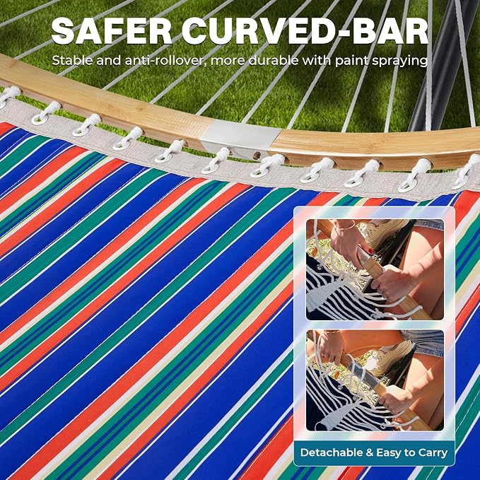 SUPERJARE Curved-Bar Hammock with Stand, 2 Person Heavy Duty Hammock Frame, Detachable Pillow & Portable Carrying Bag, Perfect for Outdoor & Indoor, Retro Blue and Green