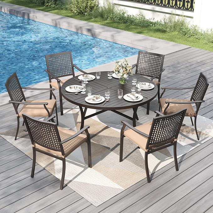 PHI VILLA Outdoor Dining Set for 6, 54" Round Metal Table w/Umbrella Hole | 7 pcs black wrought iron furniture set w/ cushions. All weather for patio, deck, yard, porch