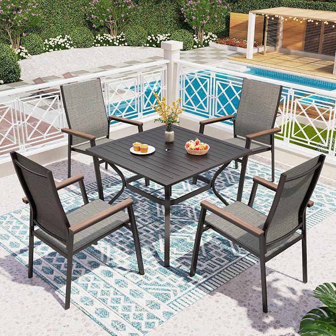 PHI VILLA 5 PCS Patio Dining Set, 4 Outdoor Aluminum Stackable Sling Chairs with Armrest & 1 Square Metal Dining Table (1.57" Umbrella Hole), Patio Table Chair Furniture Set for Deck Lawn Garden