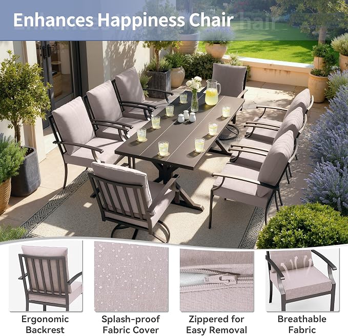 Kullavik 9 Pieces Outdoor Dining Set,Patio Dining Table and Chairs Set for 8,Fence Pattern Back Chairs with Thickened Cushions & X-Frame Metal Dining Table with Umbrella Hole for Patio,Sand