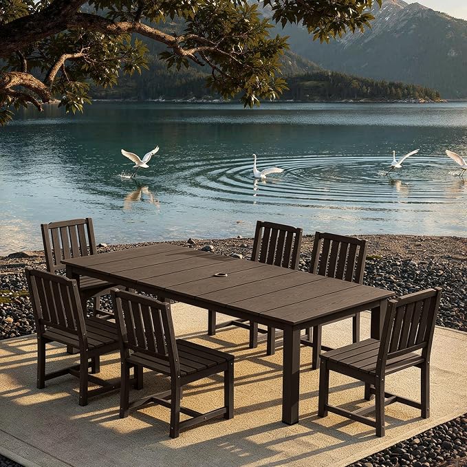 AreShark 7-Piece Outdoor Dining Set,HDPE Patio Table with 6 Armless Chairs,All-Weather Patio Furniture Set with Umbrella Hole,Low Maintenance Wood Grain Dining Set for Backyard,Garden,Poolside,Black