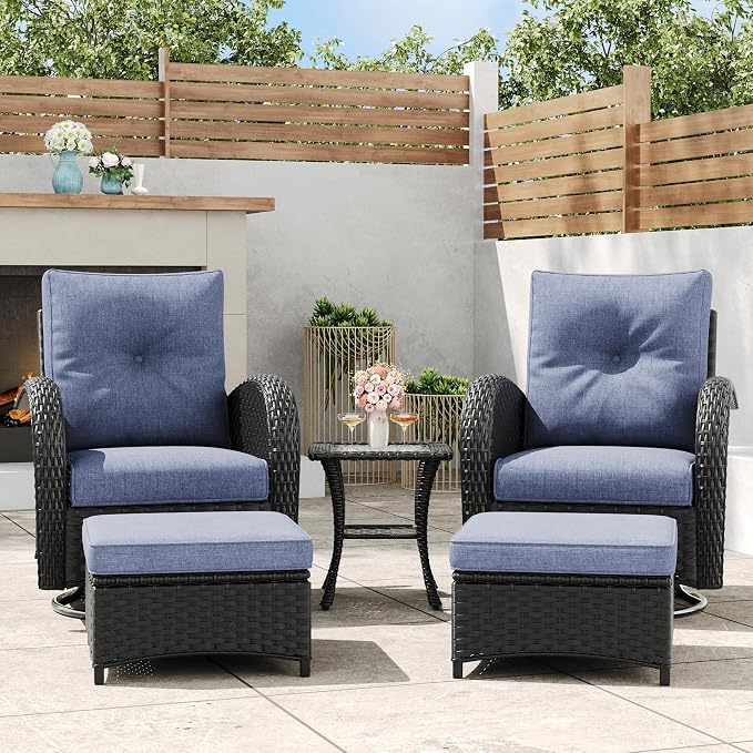 5 Pieces Outdoor Wicker Patio Swivel Rocking Chairs, All Weather Wicker Conversation Set with Side Table