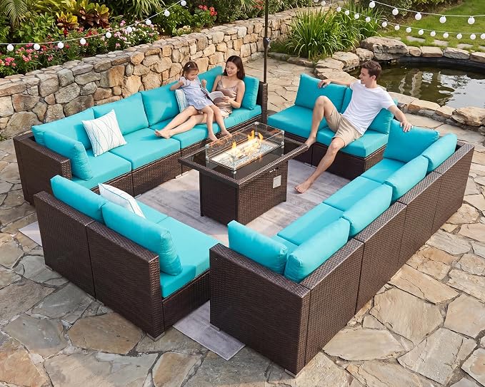 NICESOUL 13 Piece Patio Furniture w/Fireplace, Elegant Outdoor Seating w/Firepit, XL 29.3'' High Back Sectional Sofa, All-Weather Rattan Deck Couch, Modular Sturdy Conversation Set, Brown & Teal