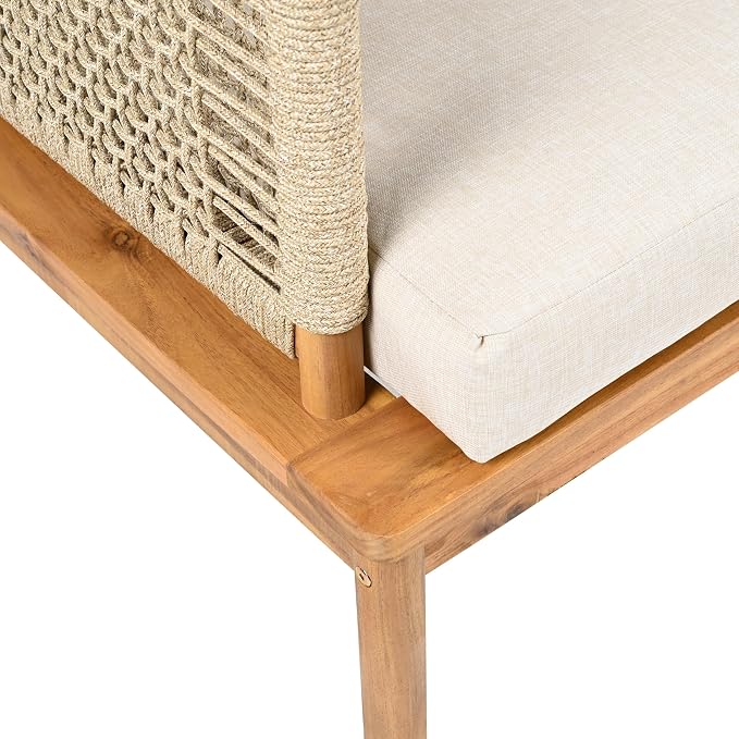 Christopher Knight Home Coby 4-Piece Acacia Wood Patio Furniture Set, Outdoor Conversation Sofa Set with Club Chair, Coffee Table and Ottoman, Patio Sectional Chat Set for Backyard/Balcony, Teak+Beige