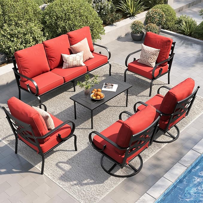 PHI VILLA Patio Furniture Set, 3-Seater Sofa, 2 Fixed Chairs, 2 Swivel Chairs and a Coffee Table, Outdoor Metal Conversation Set with 5.75" Extra Thick Cushion for Garden Backyard Deck, Red