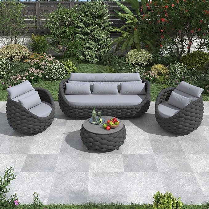 Modern Outdoor Living Room Furniture Set: 4-Piece Alumunim Assembled Woven Rope Accent Patio Conversation Set, All-Weather Lounge Sofa Set for Porch Backyard Garden Deck Poolside Hotel