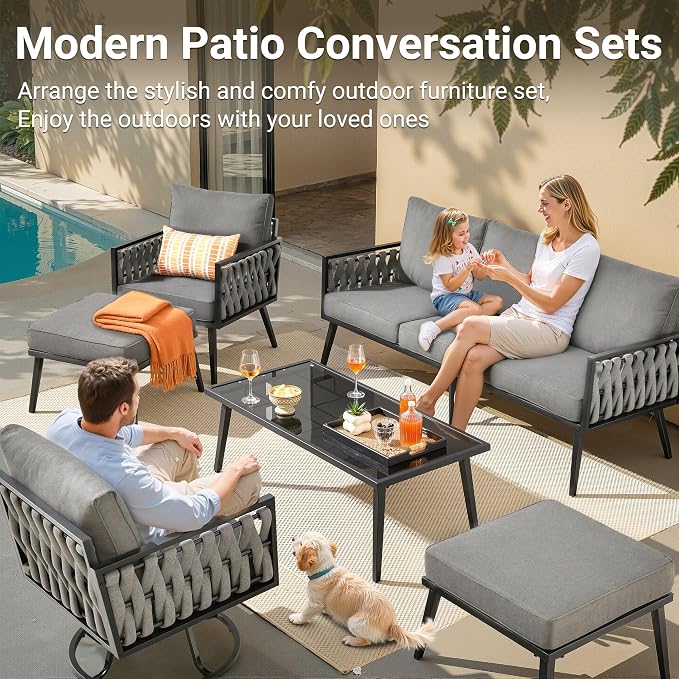 Weaxty Modern Patio Furniture Set 6 Piece, Rope Outdoor Patio Conversation Sets Sectional Sofa Swivel Chairs Table Ottoman, All Weather Metal Balcony Furniture for Backyard Garden, Light Grey