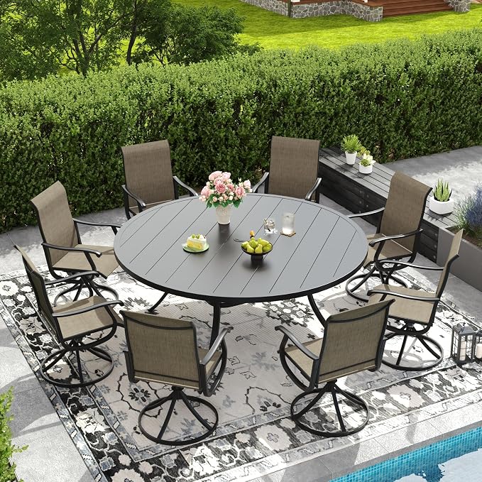 DIFY Outdoor Dining Set for 8, 9 Piece Patio Table and Chairs Set, Swivel Patio Dining Chairs with Brown Textilene & 63" Black Round Metal Dining Table with Umbrella Hole, for Garden Backyard Deck